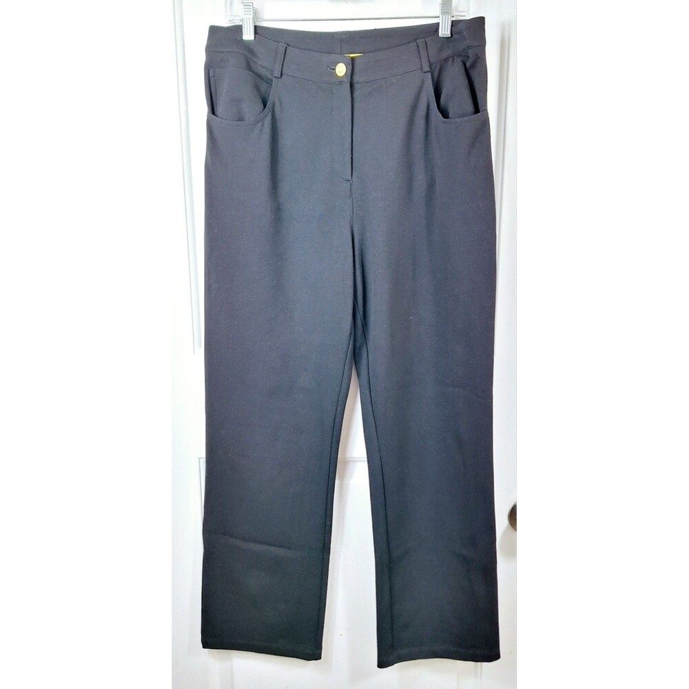 St. John Sport Womens Black Knit Straight Leg Trousers Gold Button Size 10